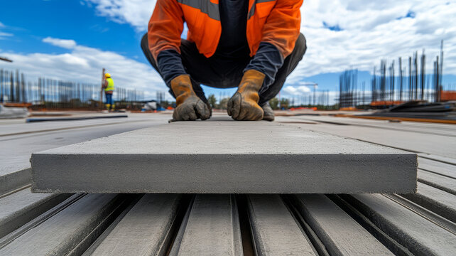 Close up view of precast concrete panel installation at construction site under blue sky