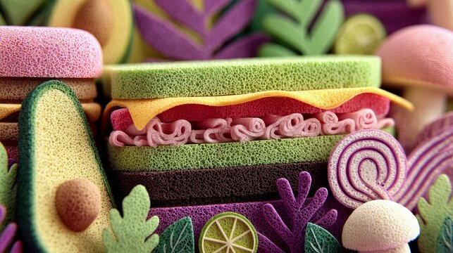 A vibrant and imaginative composition featuring a layered sandwich surrounded by stylized representations of avocado, mushrooms, and leafy greens.