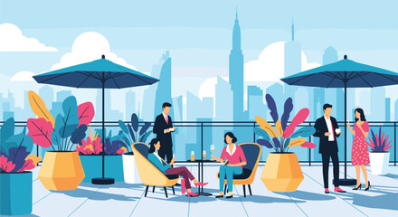 Obraz premium People socializing and networking at a corporate party on a modern rooftop terrace with a city skyline view.