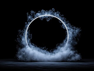 A luminous white circular frame is enveloped by ethereal blue smoke, set against a stark black backdrop with a textured floor.