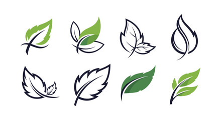 Set of dynamic green leaf logo icons with elegant swoosh and line art styles for eco-friendly branding concepts.