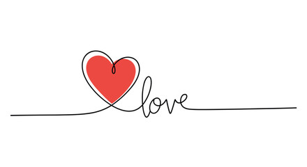 Minimalist continuous one line drawing of a red heart and the word love for a romantic valentine's day design.