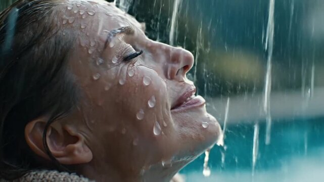 Woman finding peace in the rain, feeling refreshed and renewed in a moment of tranquility and quiet contemplation