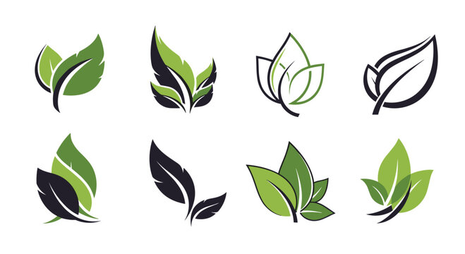 A collection of modern green and black leaf logo designs for branding in the wellness and nature industries.