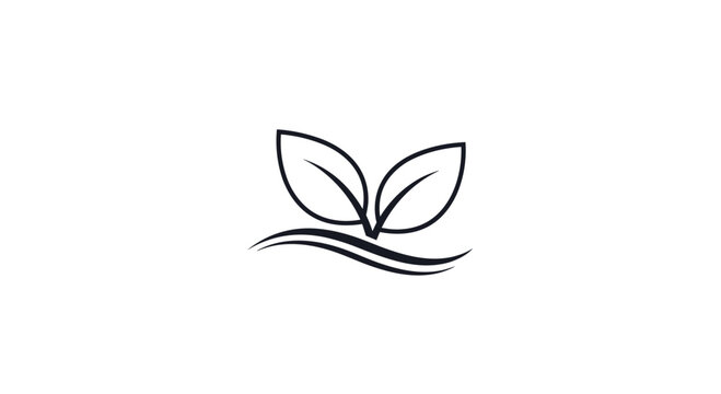 A minimalist black line art icon of two small leaves sprouting over a simple wave symbol on a white background.