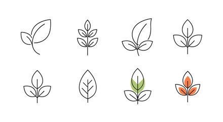 A set of eight simple and elegant leaf icons in a clean minimalist outline style for modern eco branding.