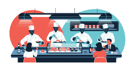 A futuristic sushi bar scene where skilled robot chefs prepare and serve fresh sushi to human customers.
