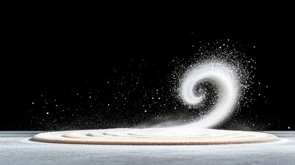 Fine white powder forms a swirling spiral shape, rising from a circular base and scattering into the air against a dark background.