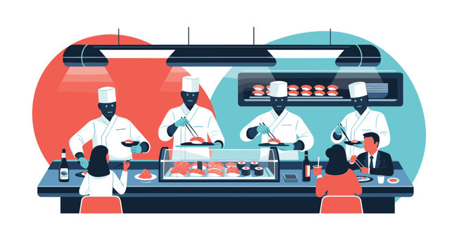 A futuristic sushi bar scene where skilled robot chefs prepare and serve fresh sushi to human customers.