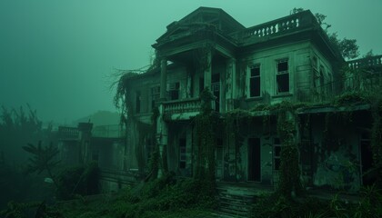 Eerie abandoned mansion enveloped in overgrown vines amidst a foggy cinematic horror scene