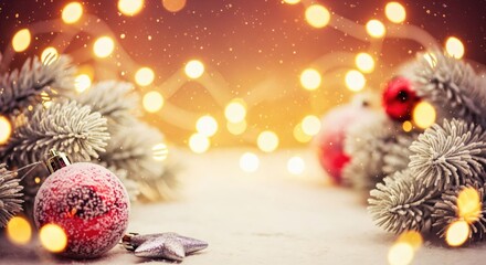 Festive Christmas background with frosted fir branches, sparkling red ornaments, and glowing bokeh lights, perfect for holiday greetings and winter celebrations.
