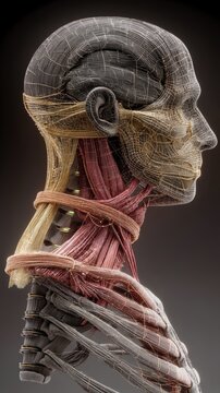 A detailed wireframe anatomical model displays the intricate structure of the human head, neck, and upper torso, revealing muscles and bones.