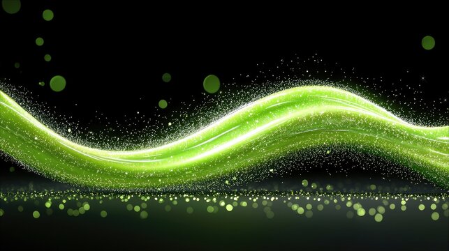 A luminous green wave composed of fine particles and light flows across a dark background, with scattered green circles floating above.