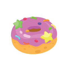 Cartoon donut with pink icing and colorful star sprinkles.