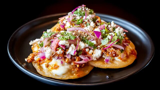 Delicious Tostadas Topped with Fresh Ingredients on a Dark Plate.