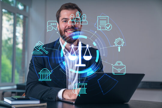 Smiling businessman in formal wear working on laptop at office workplace with smartphone and notebooks. Concept of successful business deal, agreement. Legal and law icons.