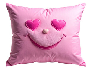 Tilted Pink Emoji Pillow with Heart-Eyes Expression, Dynamic Angle and Shadow, Isolated