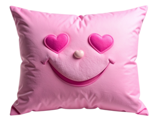 Tilted Pink Emoji Pillow with Heart-Eyes Expression, Dynamic Angle and Shadow, Isolated