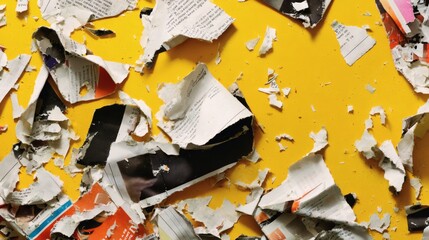 journalism. Abstract composition of torn newspaper fragments on yellow surface, symbolizing media chaos. public awareness campaigns.