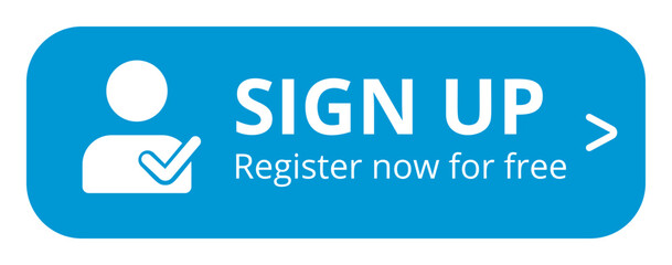 Sign up button vector, blue rounded rectangle with user icon and checkmark, register now for free — stock vector