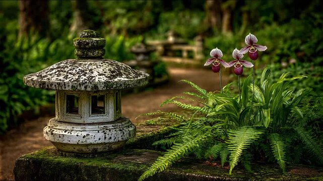 Tranquil Japanese Garden Lantern Beside Elegant Lady Slipper Orchids and Ferns.