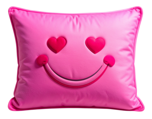 Pink Heart-Eyes Emoji Pillow Front View, Plush Texture and Soft Rounded Shape, Isolated on Transparent Background