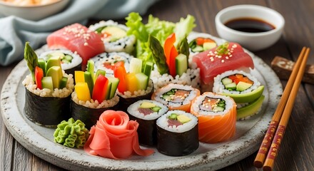 Assorted fresh sushi rolls and sashimi platter with chopsticks and soy sauce.