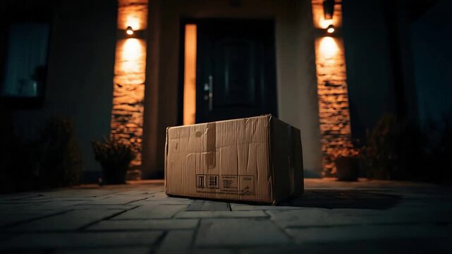 Cardboard package left on doorstep at night with warm exterior lights. - Powered by Adobe