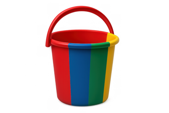 Plastic bucket with vibrant colors, children playing, fun summer beach activity, isolated object, transparent background