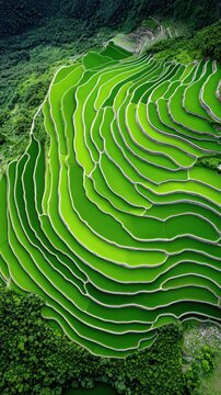 An aerial view of lush, vibrant green rice terraces carved into a hillside, surrounded by dense forest.