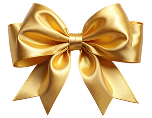 Luxurious Golden Satin Ribbon Bow with Long Flowing Tails, Side-Angled View, Isolated