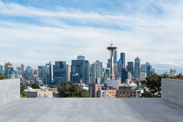 Obraz premium Skyscrapers Cityscape Downtown, Seattle Skyline Buildings. Beautiful Real Estate. Day time. Empty rooftop View. Success concept.