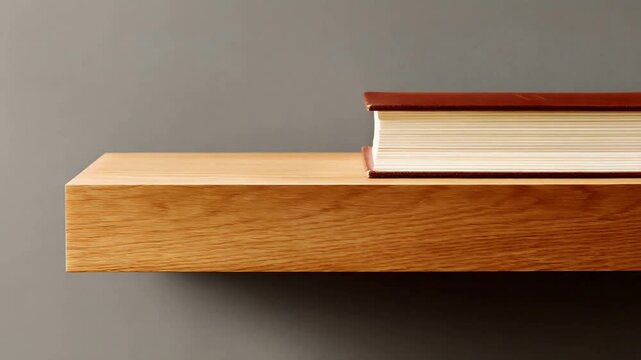 Close up of a leather bound book resting on a polished wooden shelf.