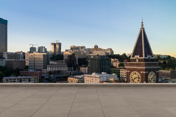 Obraz premium Skyscrapers Cityscape Downtown, Seattle Skyline Buildings. Beautiful Real Estate. Sunset. Empty rooftop View. Success concept.