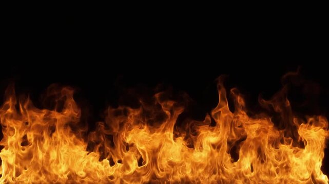 Horizontal strip of vibrant orange and yellow flames against a stark black background with a white base.