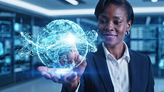 Confident businesswoman displays global data network in modern server room showing secure connections and digital transformation - Powered by Adobe