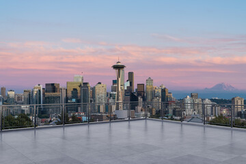Obraz premium Skyscrapers Cityscape Downtown, Seattle Skyline Buildings. Beautiful Real Estate. Sunset. Empty rooftop View. Success concept.