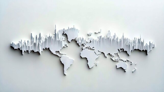 A white 3D map of the world with continents shaped like city skylines.