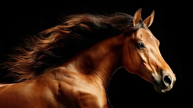 Majestic Chestnut Horse Galloping with Flowing Mane Against Black Background.