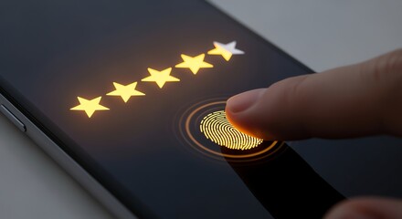 Fingerprint scan on smartphone screen with glowing stars for rating