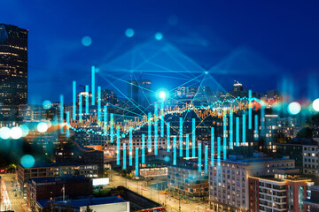 Skyscrapers Cityscape Downtown View, Seattle Skyline Buildings. Beautiful Real Estate. Night time. Forex Financial graph and chart hologram. Business education concept.