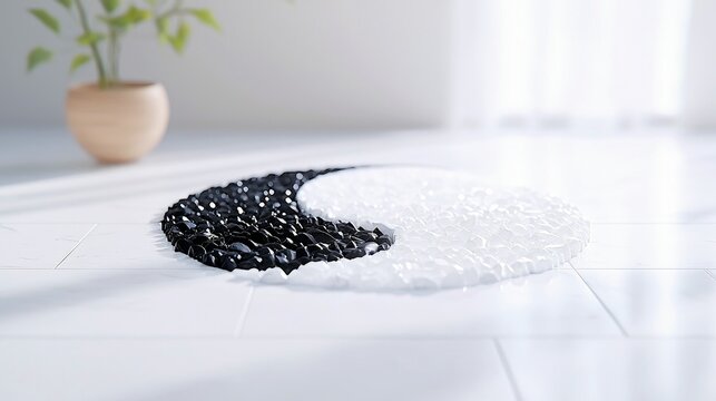 A Yin Yang symbol crafted from black and white pebbles rests on a clean, white tiled floor, with a blurred potted plant in the background.
