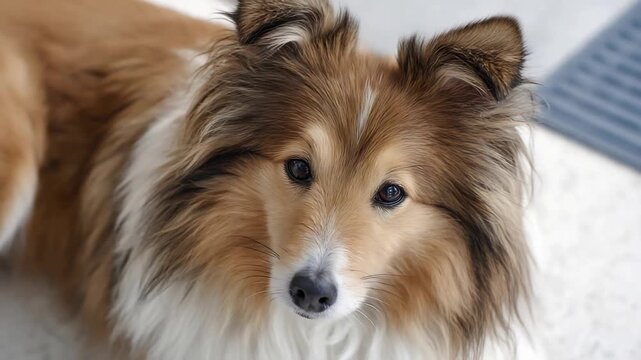 Close up portrait of a fluffy, intelligent Shetland Sheepdog looking directly at the camera.
