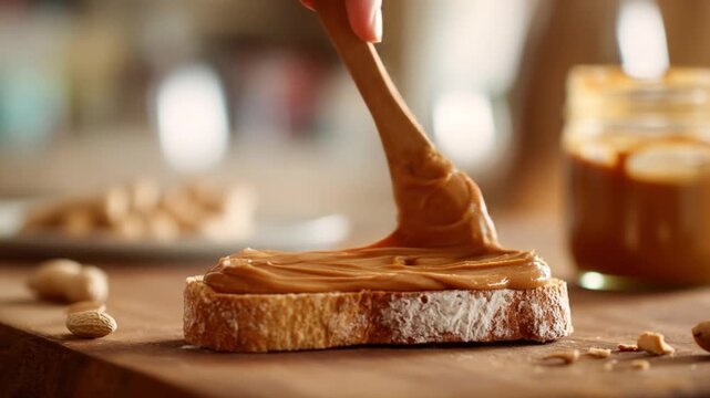 A hand spreads creamy peanut butter on a toasted slice as a jar rests beside in warm kitchen light!!