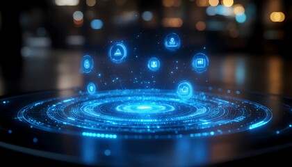 Futuristic blue holographic interface with glowing digital icons for business and technology.