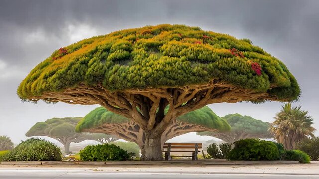 Ancient Dragon Tree Majestic Canopy with Red Flowers and Bench Under Cloudy Sky.
