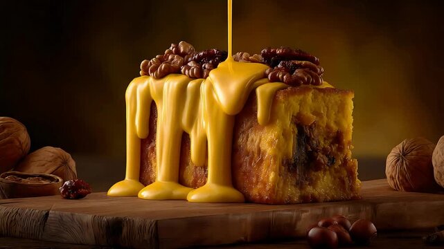 Decadent Honey Glaze Drips Onto a Nutty, Rich Cake Slice.
