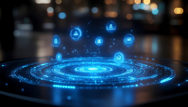 Futuristic blue holographic interface with glowing digital icons for business and technology. - Powered by Adobe