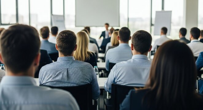 Business Conference Attendees Listening to Speaker on Stage Rear View of Audience at Seminar Public Lecture Education and Training Concept - High quality