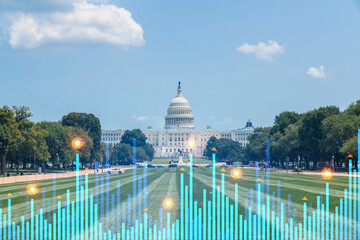 Skyscrapers Cityscape Downtown View, Washington Skyline Buildings. Beautiful Real Estate. Day time. Forex Financial graph and chart hologram. Business education concept.